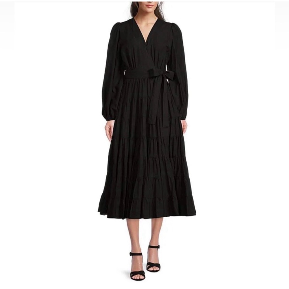 Gibson Latimer Black Long Sleeve Tiered Wrap Midi Dress